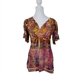 Unity World Wear butterfly short sleeve tunic. Yellow and Pink. Size PS